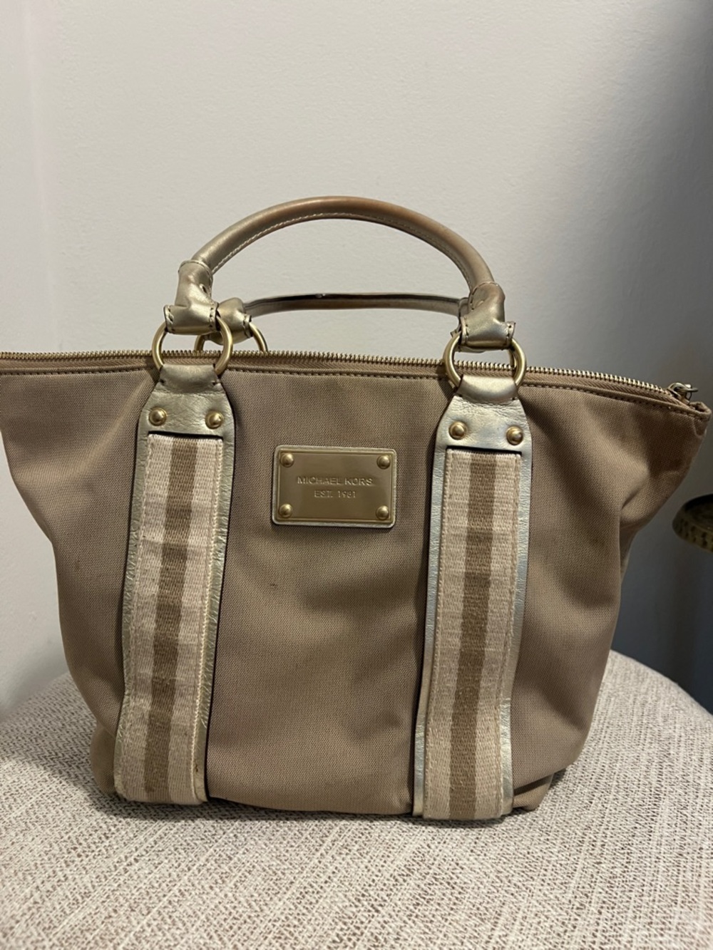 Michael Kors Taupe Canvas Tote with Striped Webbing and Gold Hardware